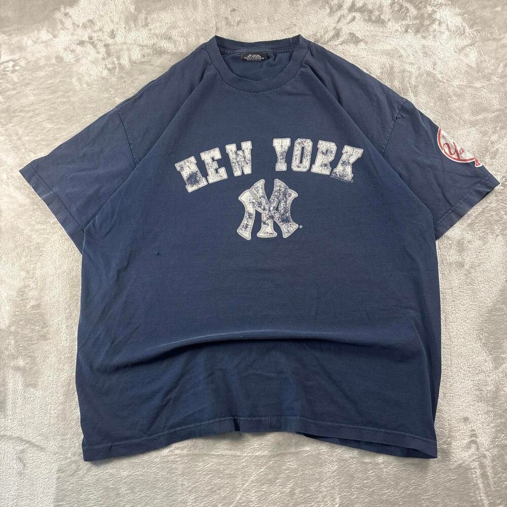 VTG New York Yankees Stitches T-Shirt Mens 2XL Navy Blue Distressed MLB Baseball